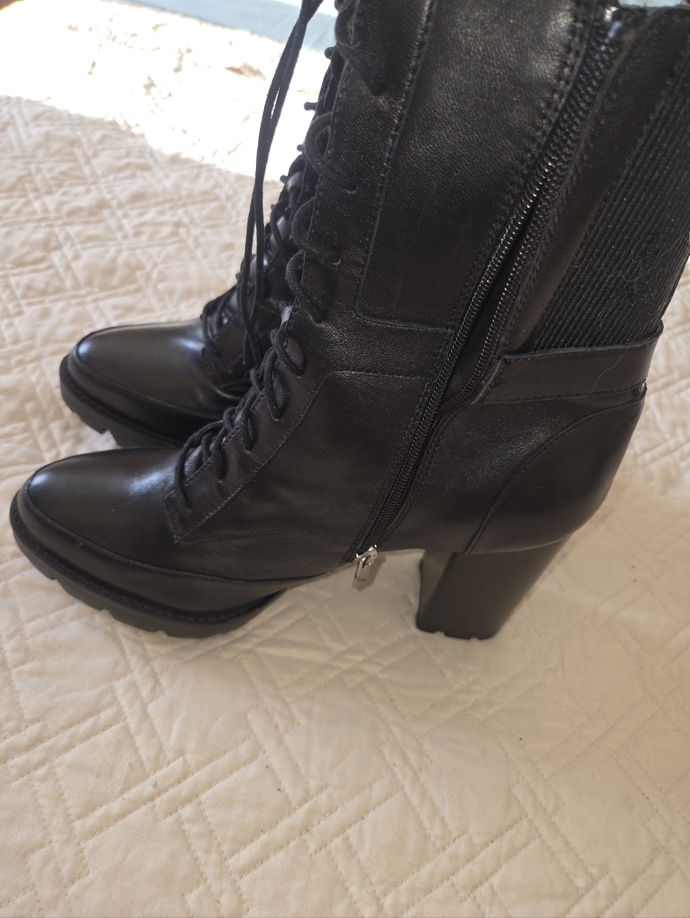 Charles David Black Lace-Up Mid-Calf Heel Boots with Side Zip